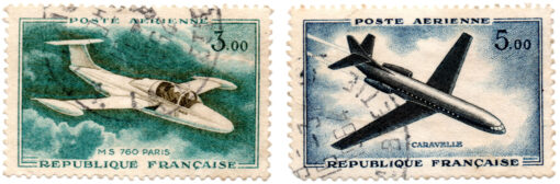 França - Y-35 e Y-36 (aéreo) - 1957/59 - aviões: M5 760 Paris e Caravelle (Conjunto 2 selos)-0