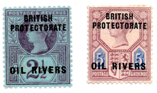 Nigéria - 1832 - STW-4 e STW-5 - 1832 Queen Elizabeth - 1892 Great Britain Postage Stamps Overprinted "BRITISH PROTECTORATE - OIL RIVERS" (Conjunto 2 selos)-0