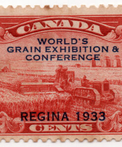 1933 Selo nº 148 com impressão sobreposta "WORLD'S GRAIN EXHIBITION & CONFERENCE/REGINA 1933"