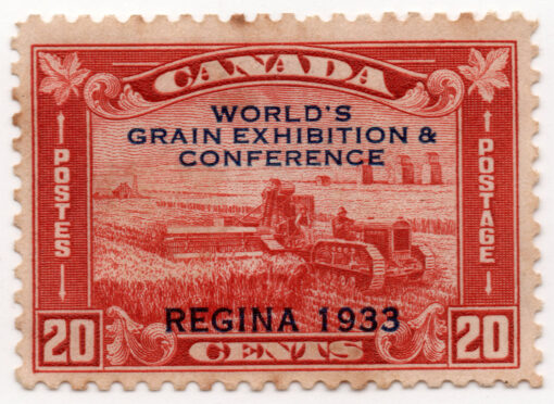 1933 Selo nº 148 com impressão sobreposta "WORLD'S GRAIN EXHIBITION & CONFERENCE/REGINA 1933"