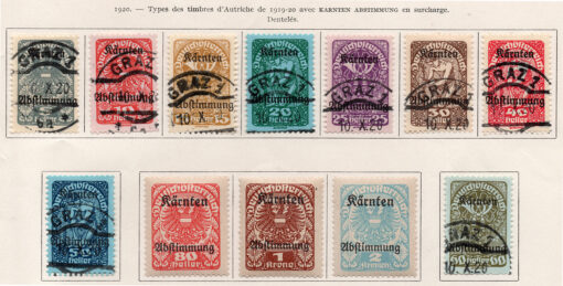 1920 - Conjunto de 12 selos - Caríntia - Tipos de selos austríacos de 1919 com "Karnten Abstimmung" em impressão sobreposta - Série completa