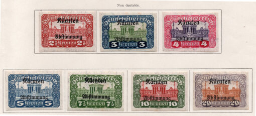 1920 - Conjunto de 7 selos - Tipos de selos austríacos com imagem do Parlamento, em Viena, com "Karnten Abstimmung" em impressão sobreposta - Não serrilhados