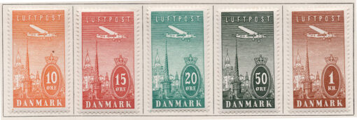1934 Conjunto 5 selos - Série Avião sobrevoando Copenhague - (série completa)