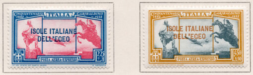 1932 - Selos italianos nº 375-376 (Cinquentenário Garibaldino - 1882-1932) em cores diferentes com impressão sobreposta "ISOLE ITALIANE DELL'EGEO" (2 selos)