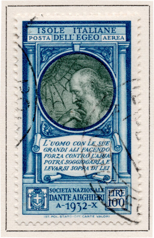 1932 - Selo italiano de correio aéreo nº 379 (Leonardo da Vinci) com "ISOLE ITALIANE DELL'EGEO" em vez de "ITALIA" no topo