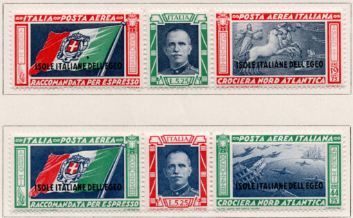 1933 - Correio aéreo - Esquadrão de Voo Roma-Chicago. Selos italianos nº 411-412 em cores diferentes com impressão sobreposta "ISOLE ITALIANE DELL'EGEO" (2 selos)