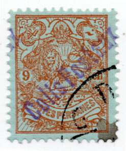 1909 - Brasão de armas da Pérsia de 1907 - papel azul fosco - com carimbo manual sobreposto "Colis Postaux"