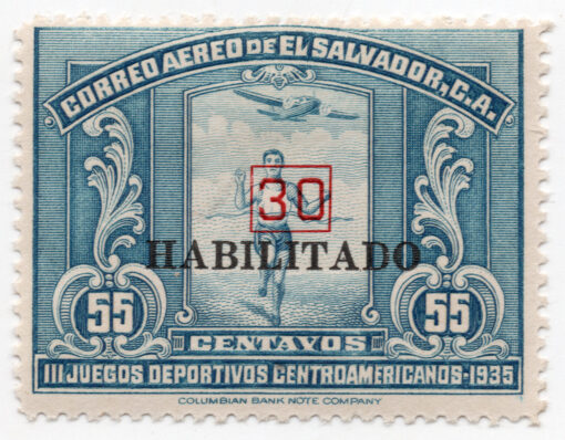 1937 - Correio Aéreo - Selo de 1935 - III Jogos Atléticos Centro-Americanos - com impresso sobreposto "HABILITADO" 30