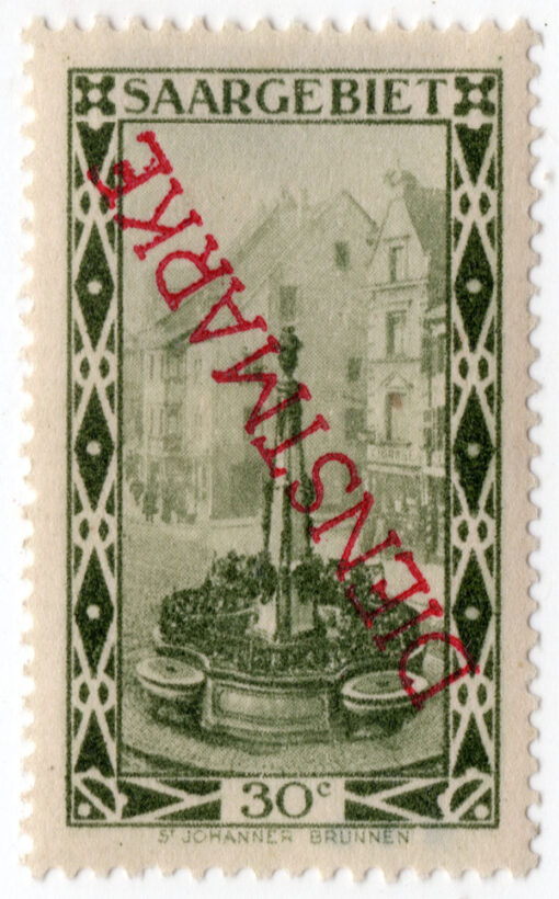 1927 - Saargebiet Postage Stamp No.111 Overprinted "DIENSTMARKE" at a 32 Degree Angle (Official)