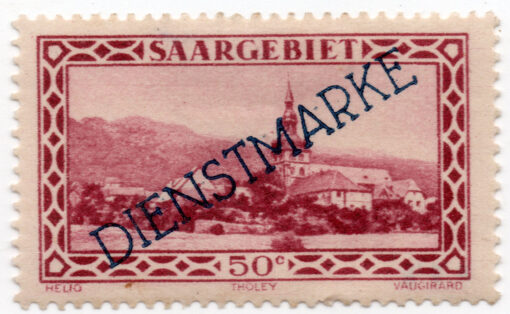 1927 - Saargebiet Postage Stamp No.113 Overprinted "DIENSTMARKE" at a 32 Degree Angle (Official)