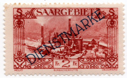 1927 - Saargebiet Postage Stamp No.116 Overprinted "DIENSTMARKE" at a 32 Degree Angle (Official)